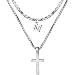Layered Cross Pendant Necklaces Stainless Steel Silver Chain Cross Initial